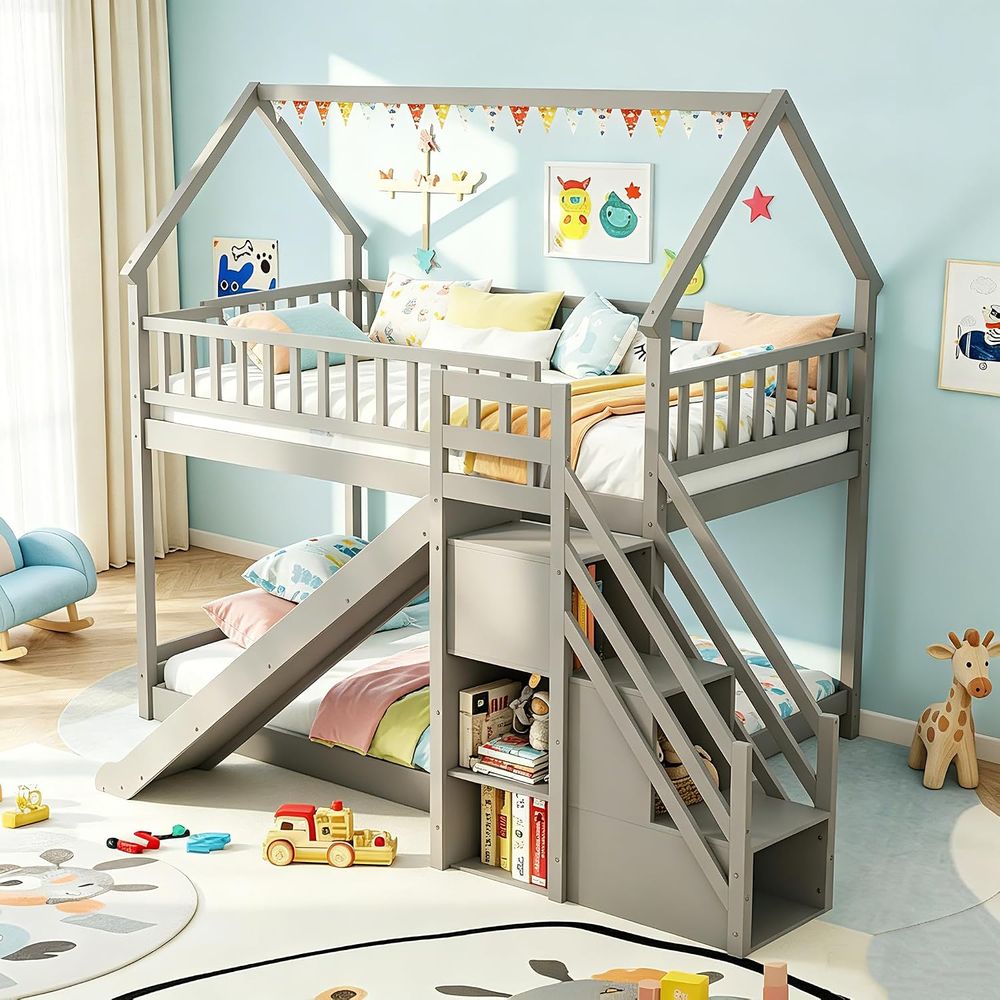 Twin Over Twin Bunk Bed with S - Bunk Bed With Stairs And Slide 评论和价格