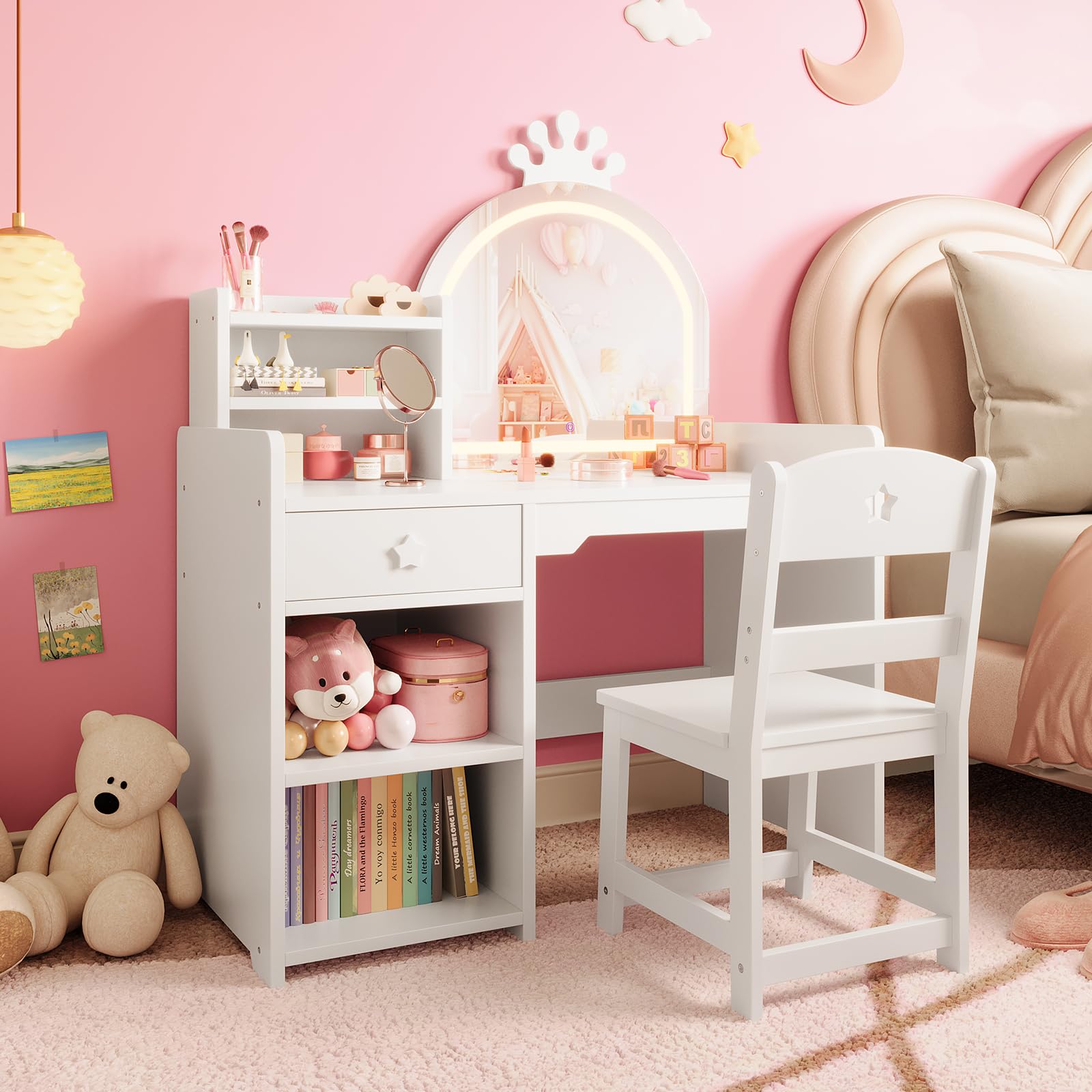 Kids Vanity Table & Chair Set  - Dressing Table Vanity With Lighted Mirror 评论和价格