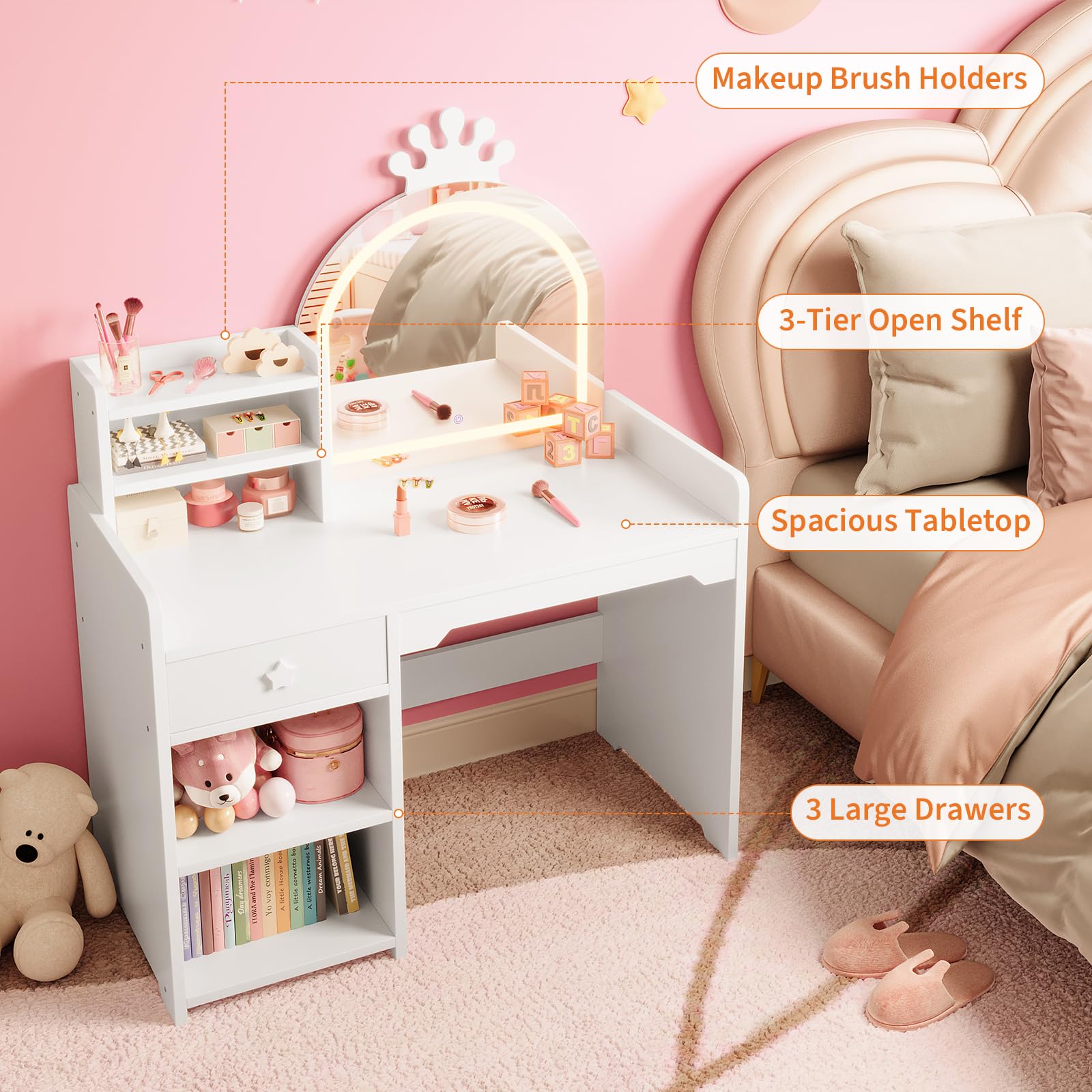 Kids Vanity Table & Chair Set  - Dressing Table Vanity With Lighted Mirror 评论和价格