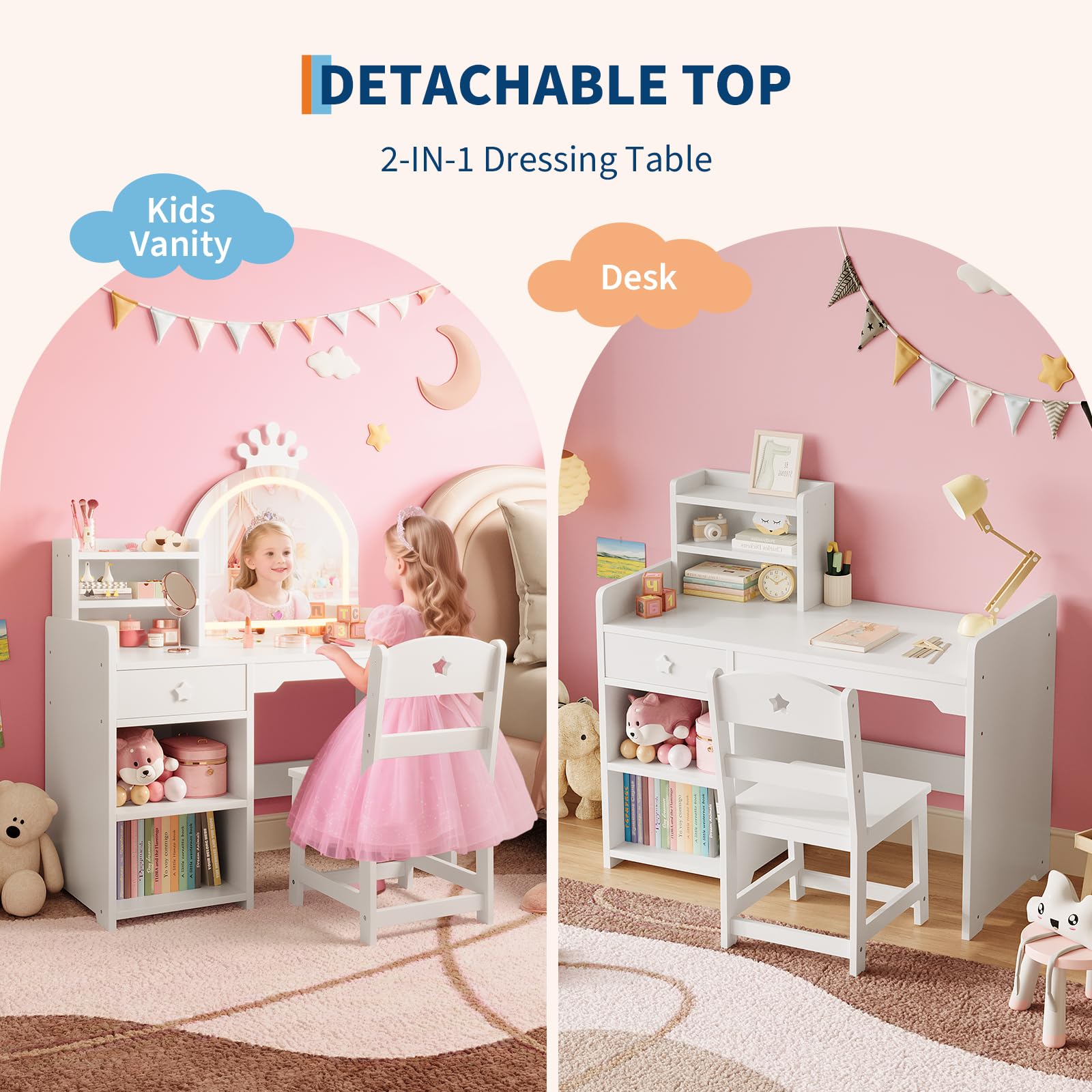 Kids Vanity Table & Chair Set  - Dressing Table Vanity With Lighted Mirror 评论和价格
