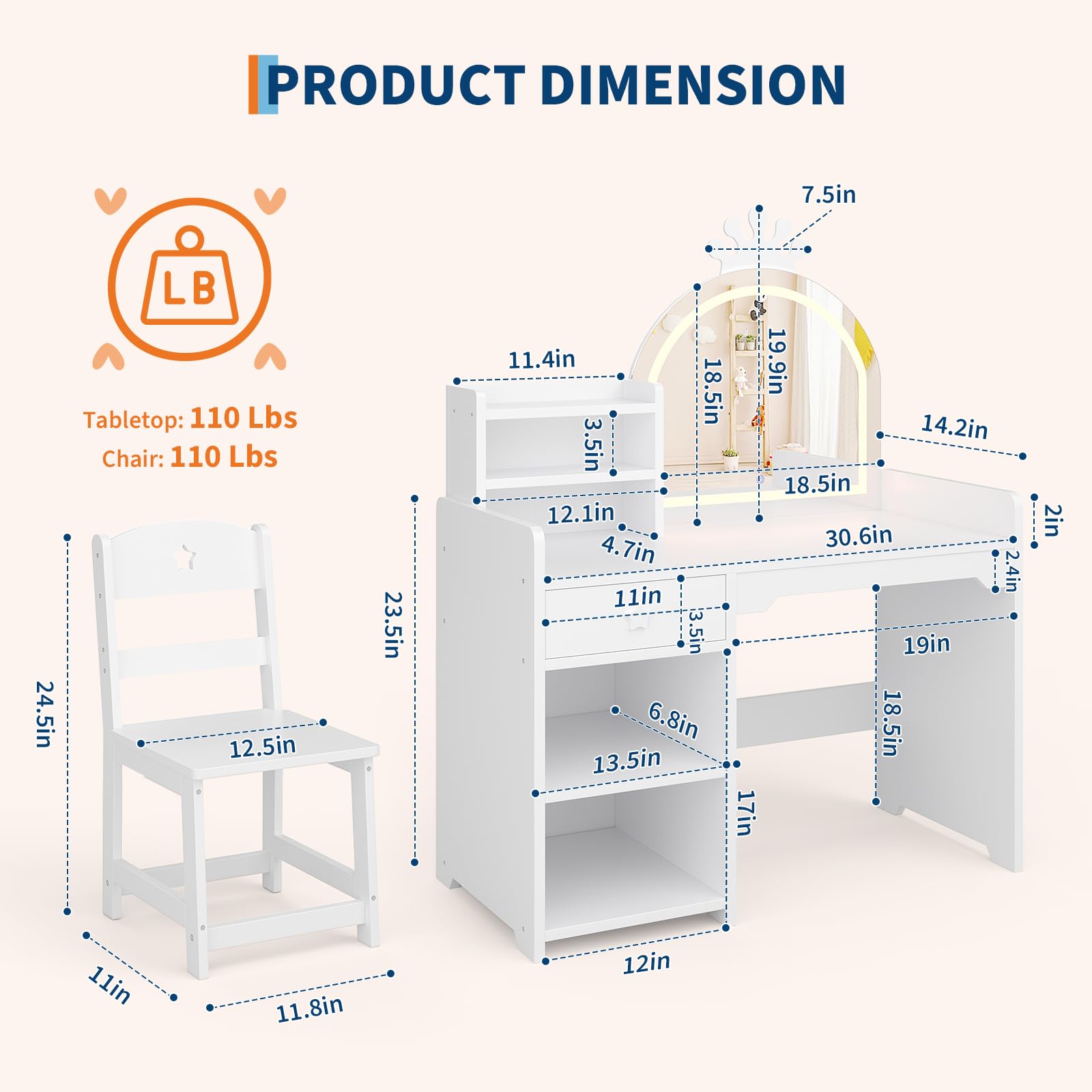 Kids Vanity Table & Chair Set  - Dressing Table Vanity With Lighted Mirror 评论和价格