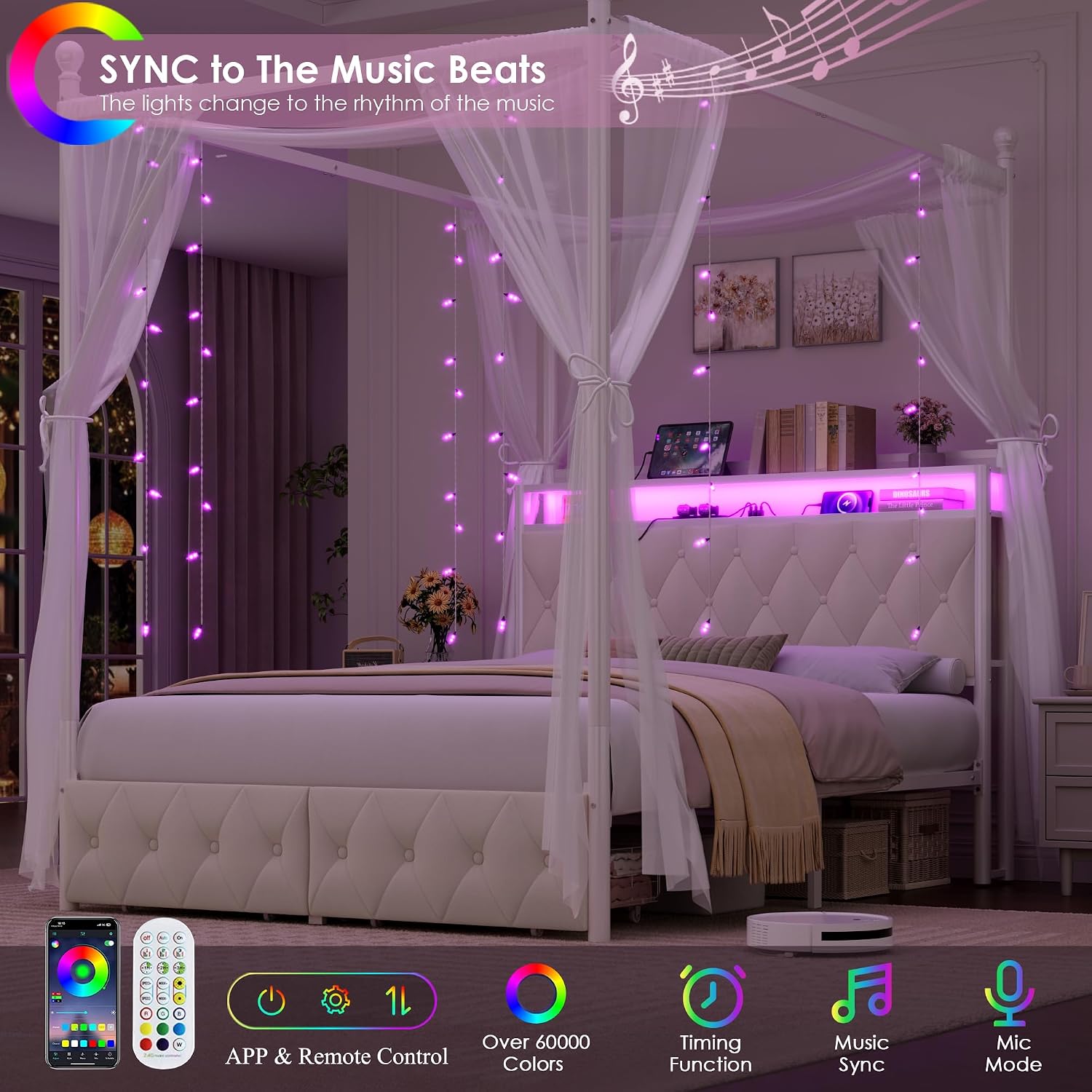 Queen Size LED Canopy Bed Fram - Canopy Bed Frame Metal Queen 评论和价格