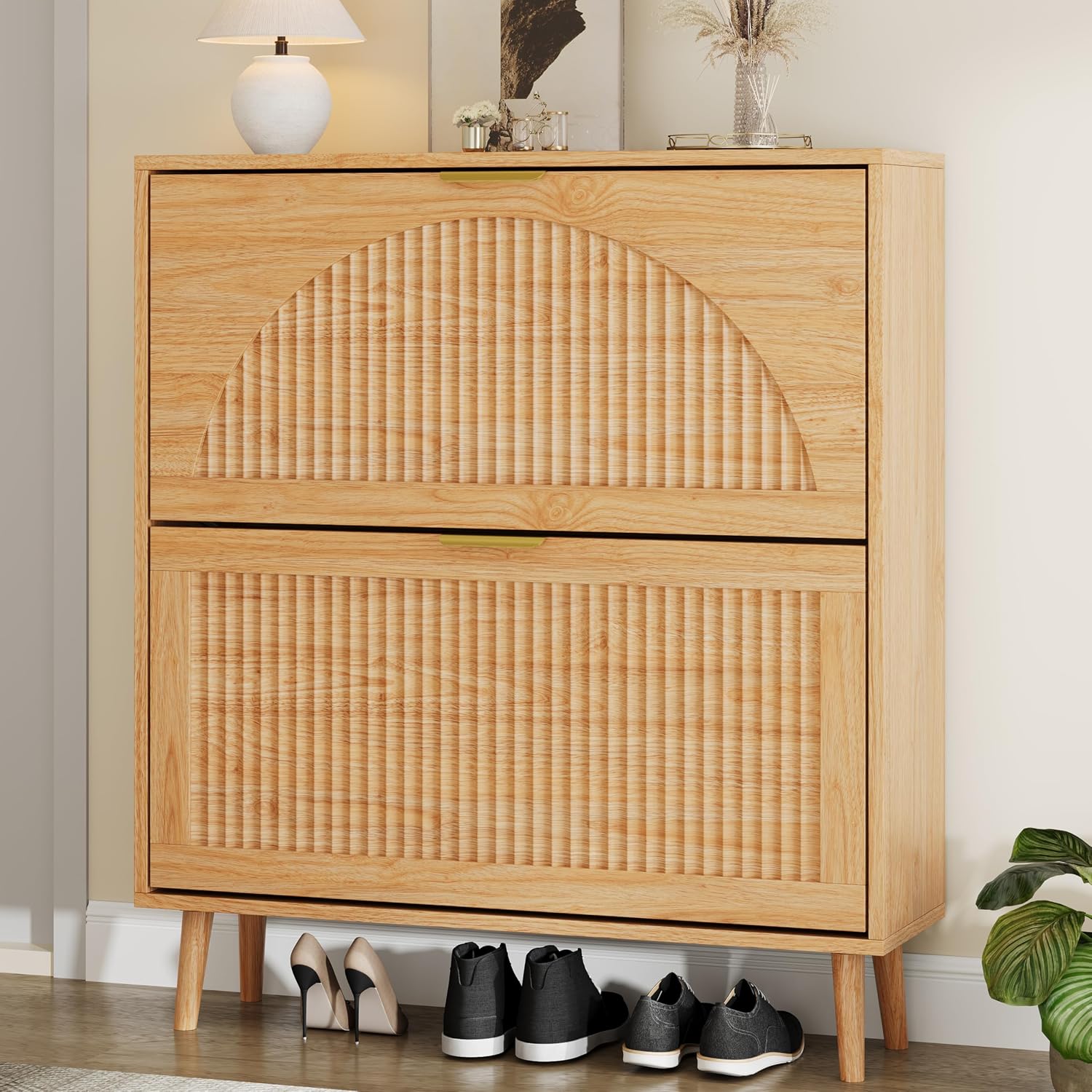 Wood Shoe Cabinet 2 Flip Drawe - Shoe Rack Cabinet Narrow Entryway 评论和价格