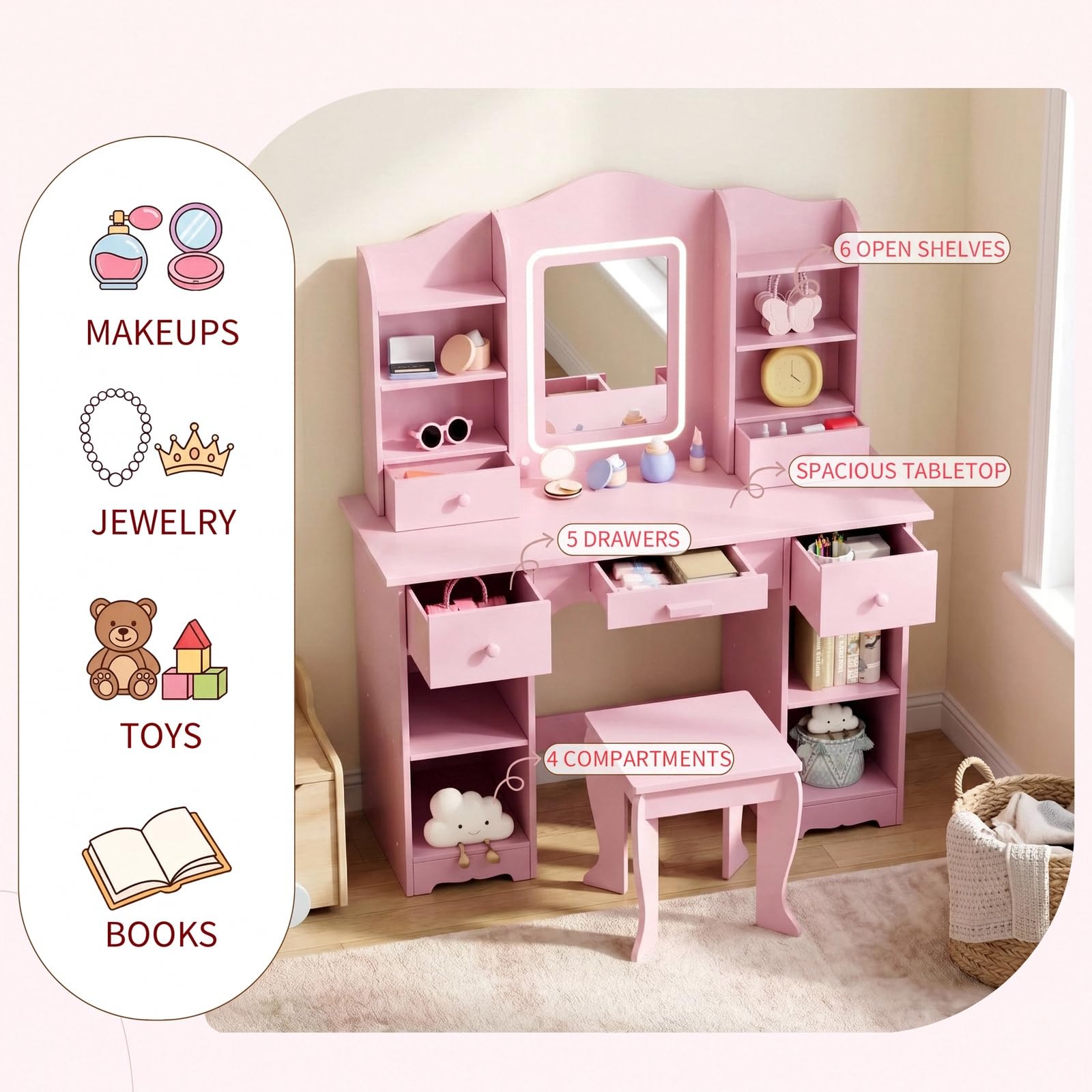 Kids Vanity with 3-Color Light - Dressing Table Vanity With Lighted Mirror 评论和价格