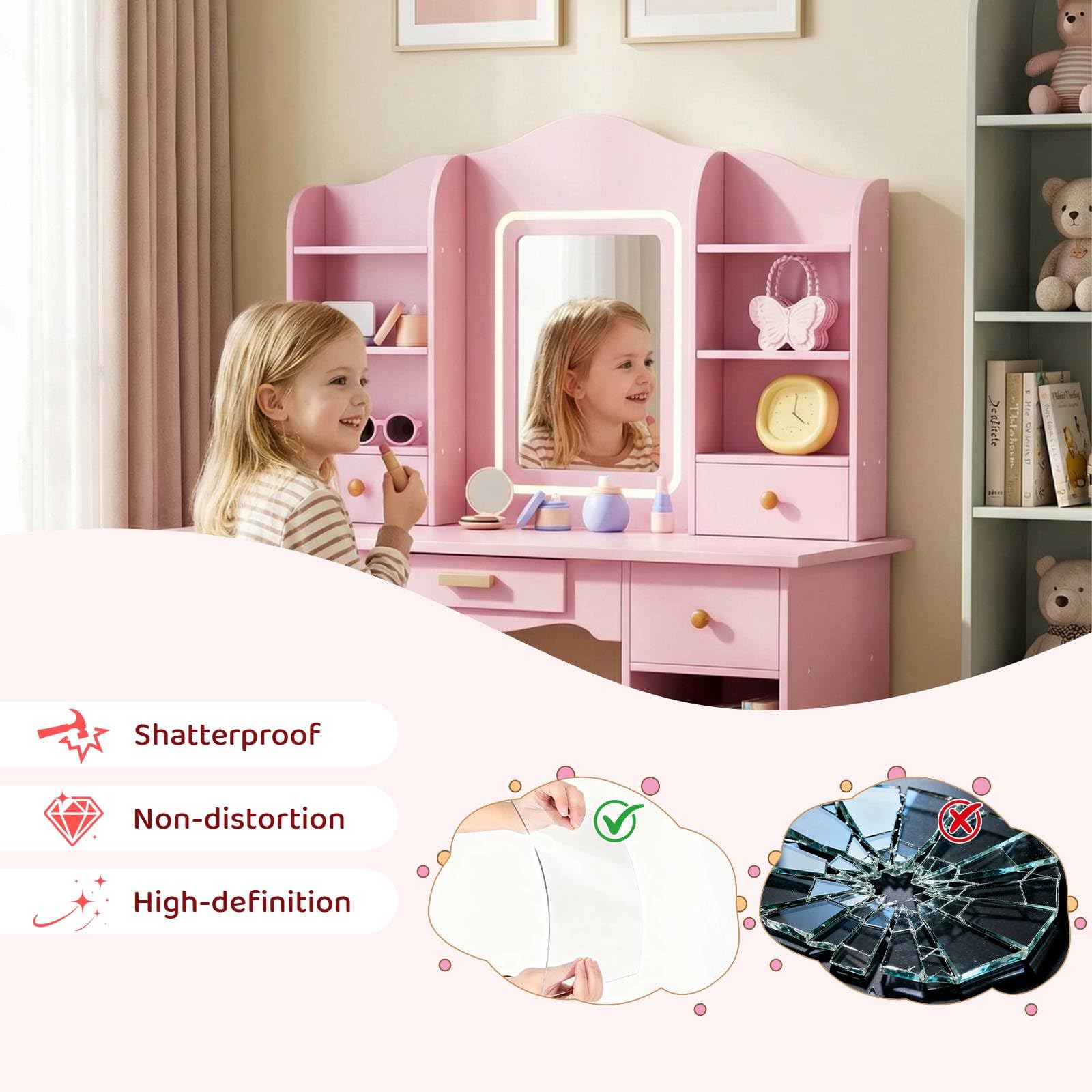 Kids Vanity with 3-Color Light - Dressing Table Vanity With Lighted Mirror 评论和价格