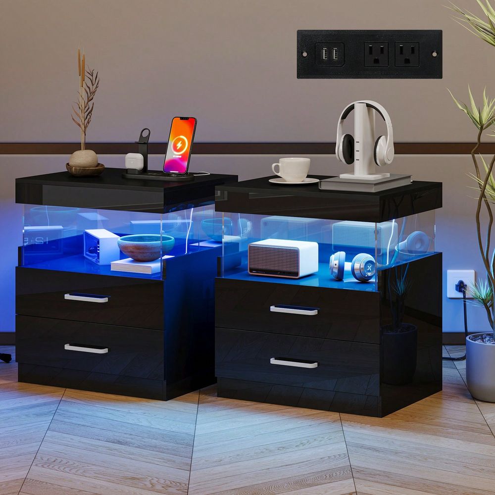 Black LED End Table Nightstand - Floating Nightstand With Led Light 评论和价格