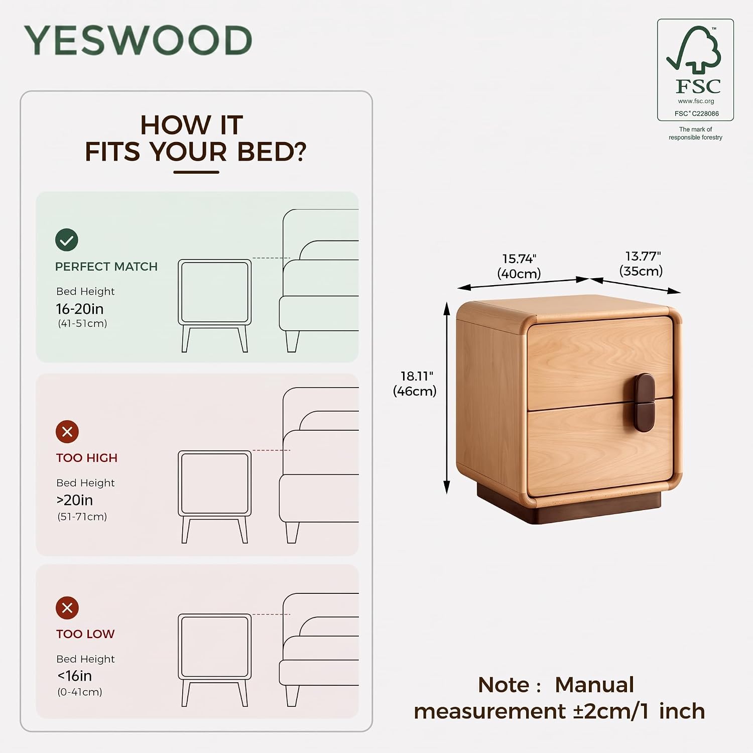 Solid Wood 2-Drawer Nightstand - Solid Wood Nightstand 2 Drawers 评论和价格
