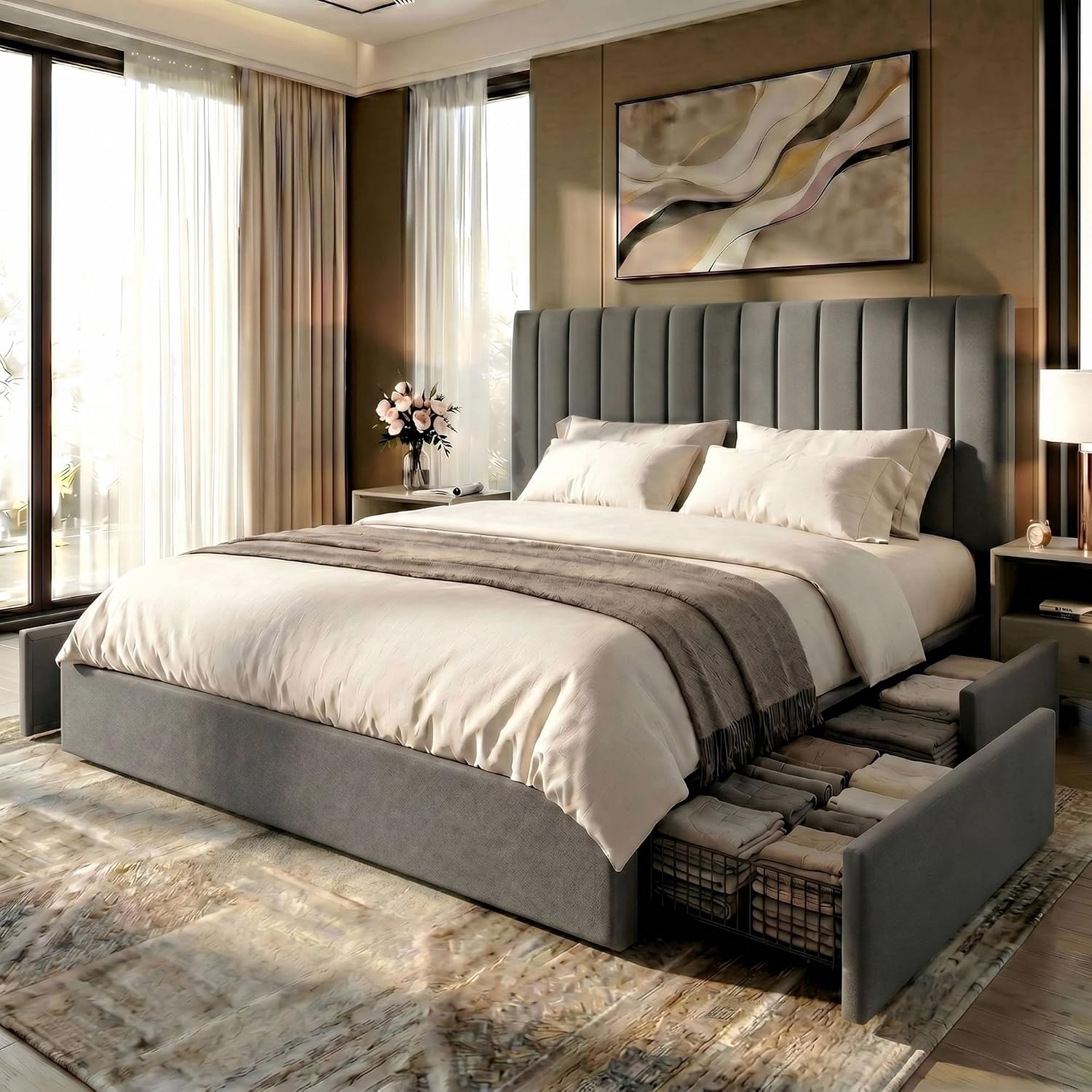 King Size Platform Bed Frame w - King Size Bed Frame With Storage Drawers 评论和价格