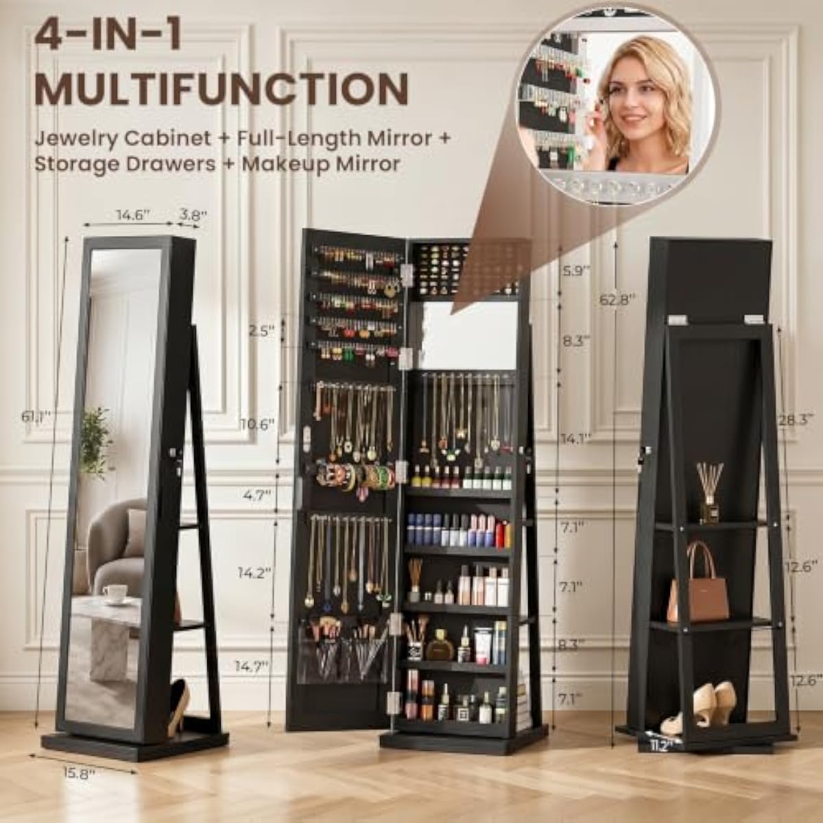 Elegant Black Standing Jewelry - Full Length Mirror Jewelry Armoire 评论和价格