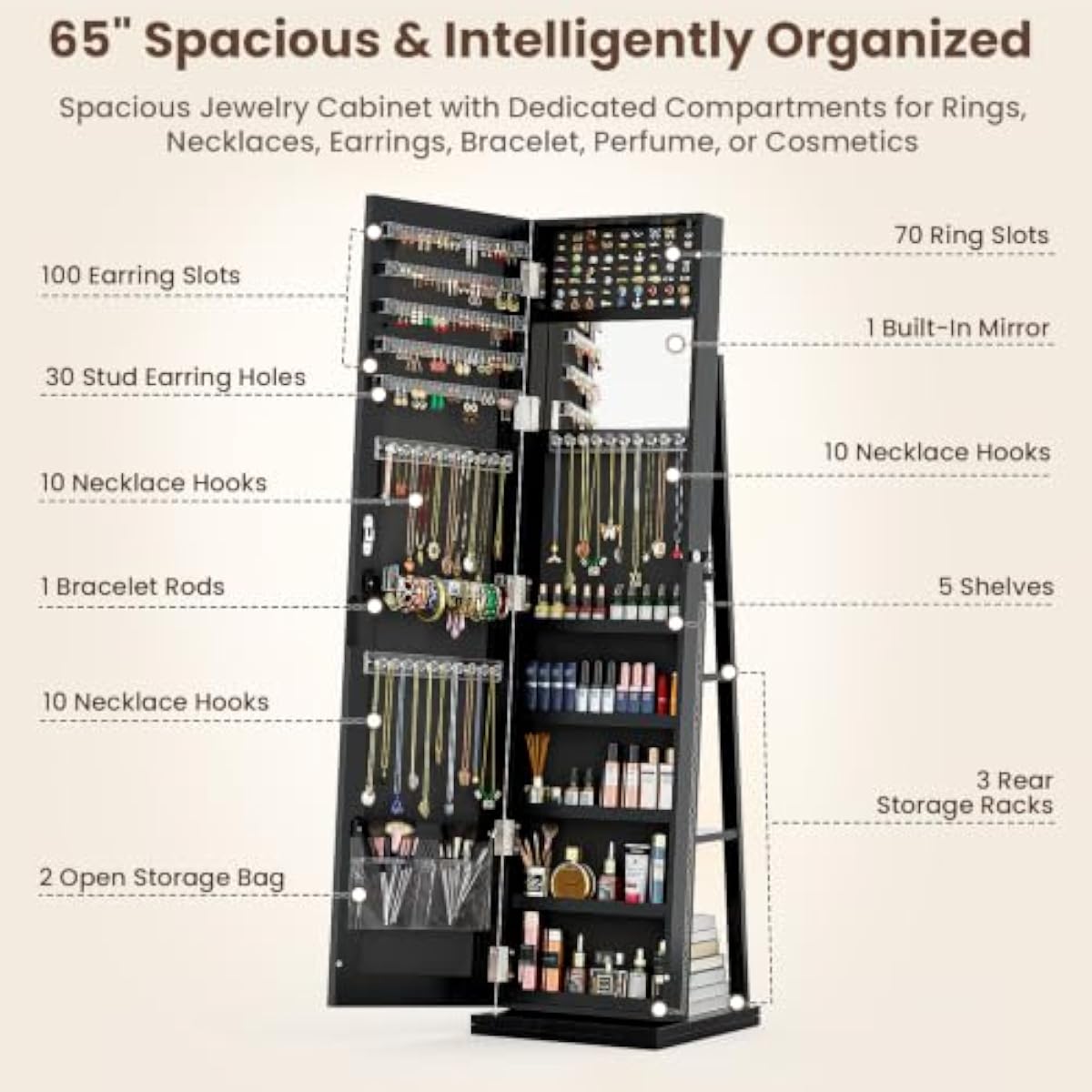 Elegant Black Standing Jewelry - Full Length Mirror Jewelry Armoire 评论和价格