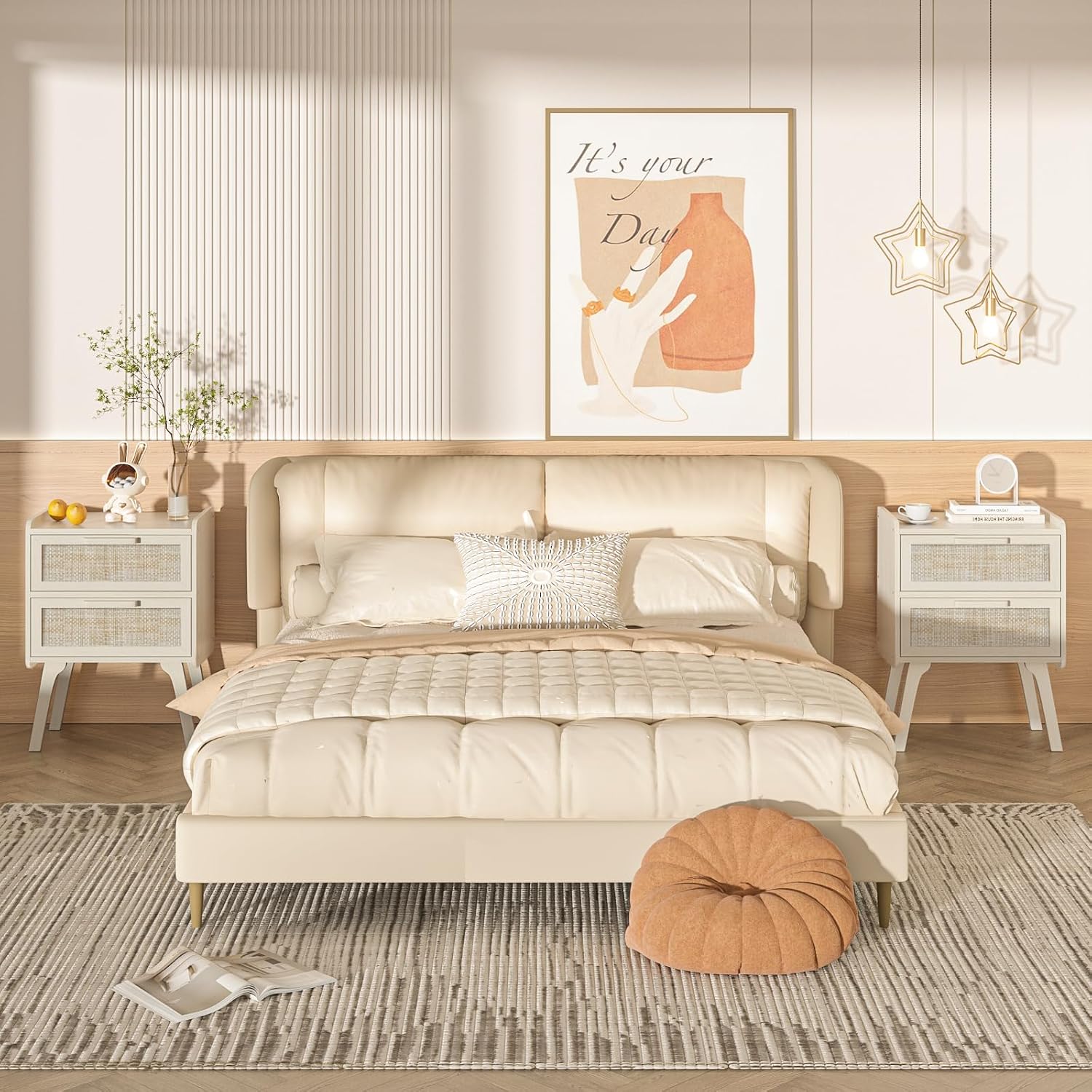 Rattan Nightstand Set of 2, 2  - Solid Wood Nightstand 2 Drawers 评论和价格