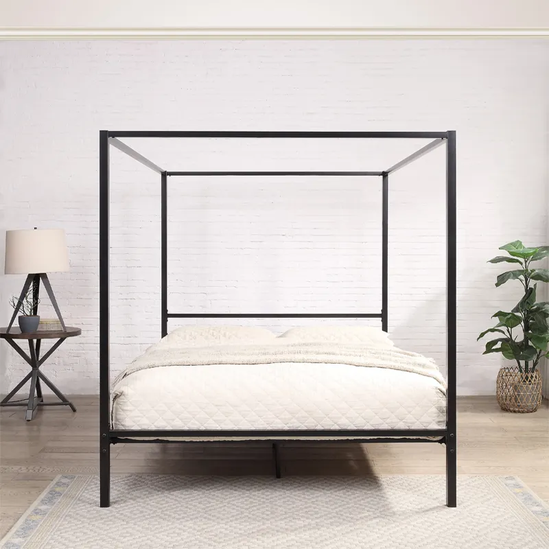 yh-Modern Design Black Four 4  - Canopy Bed Frame Metal Queen 评论和价格