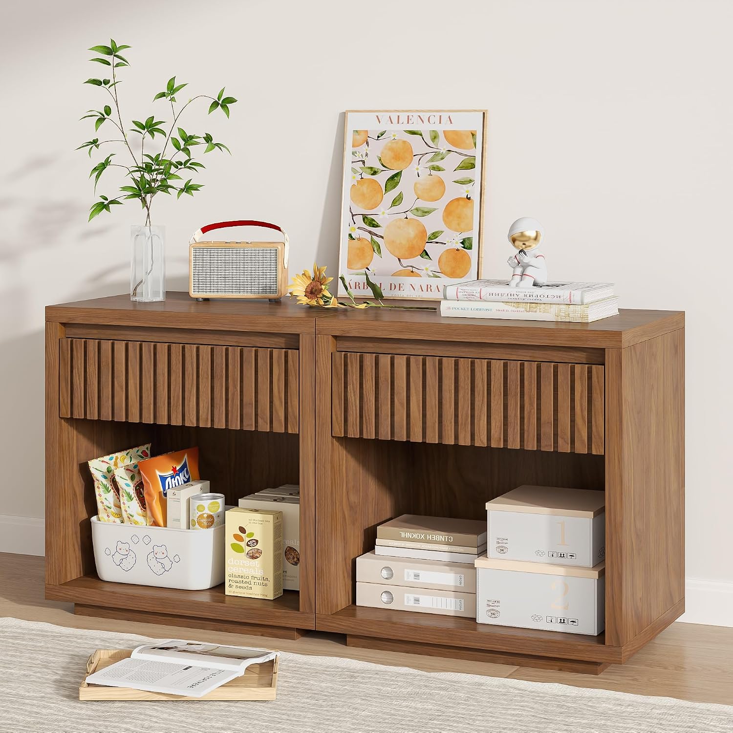 2-Drawer Fluted Nightstand Set - Solid Wood Nightstand 2 Drawers 评论和价格
