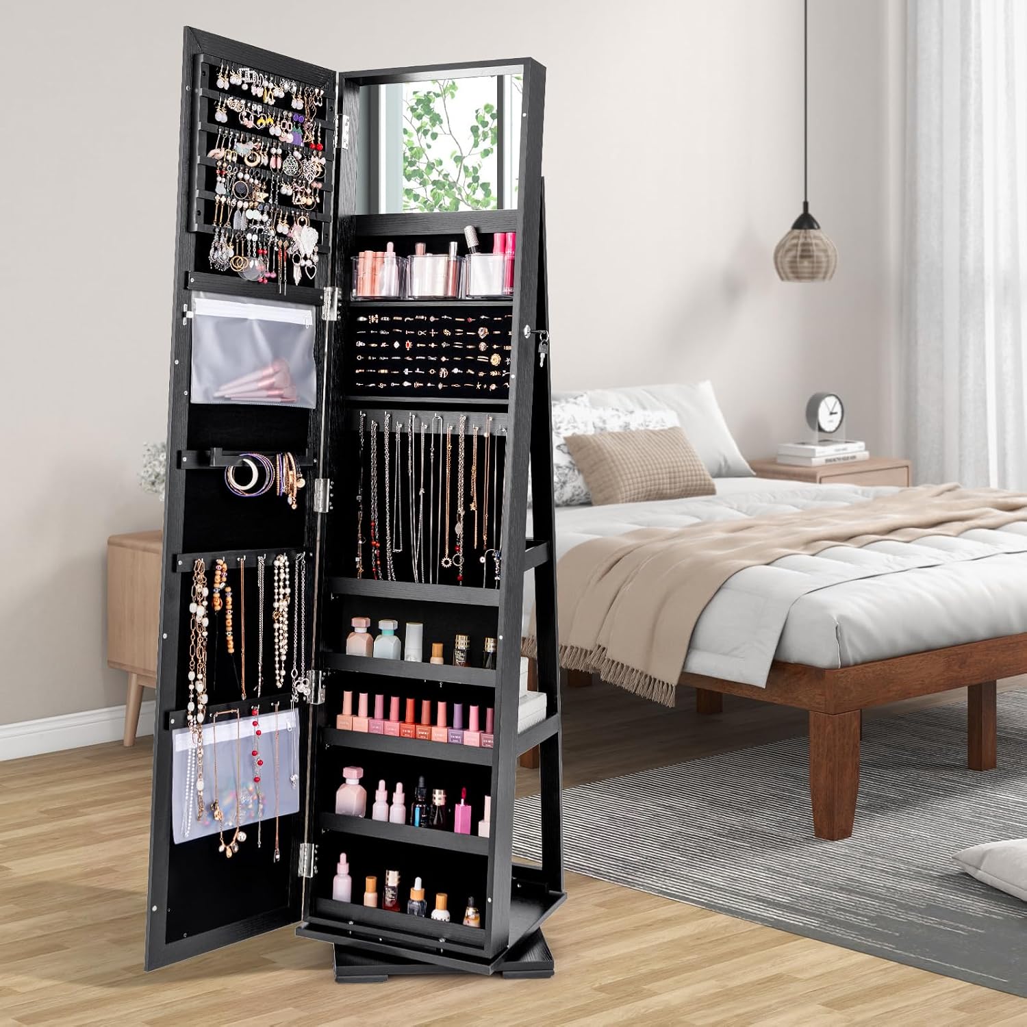 Black Standing Lockable 360 Sw - Full Length Mirror Jewelry Armoire 评论和价格