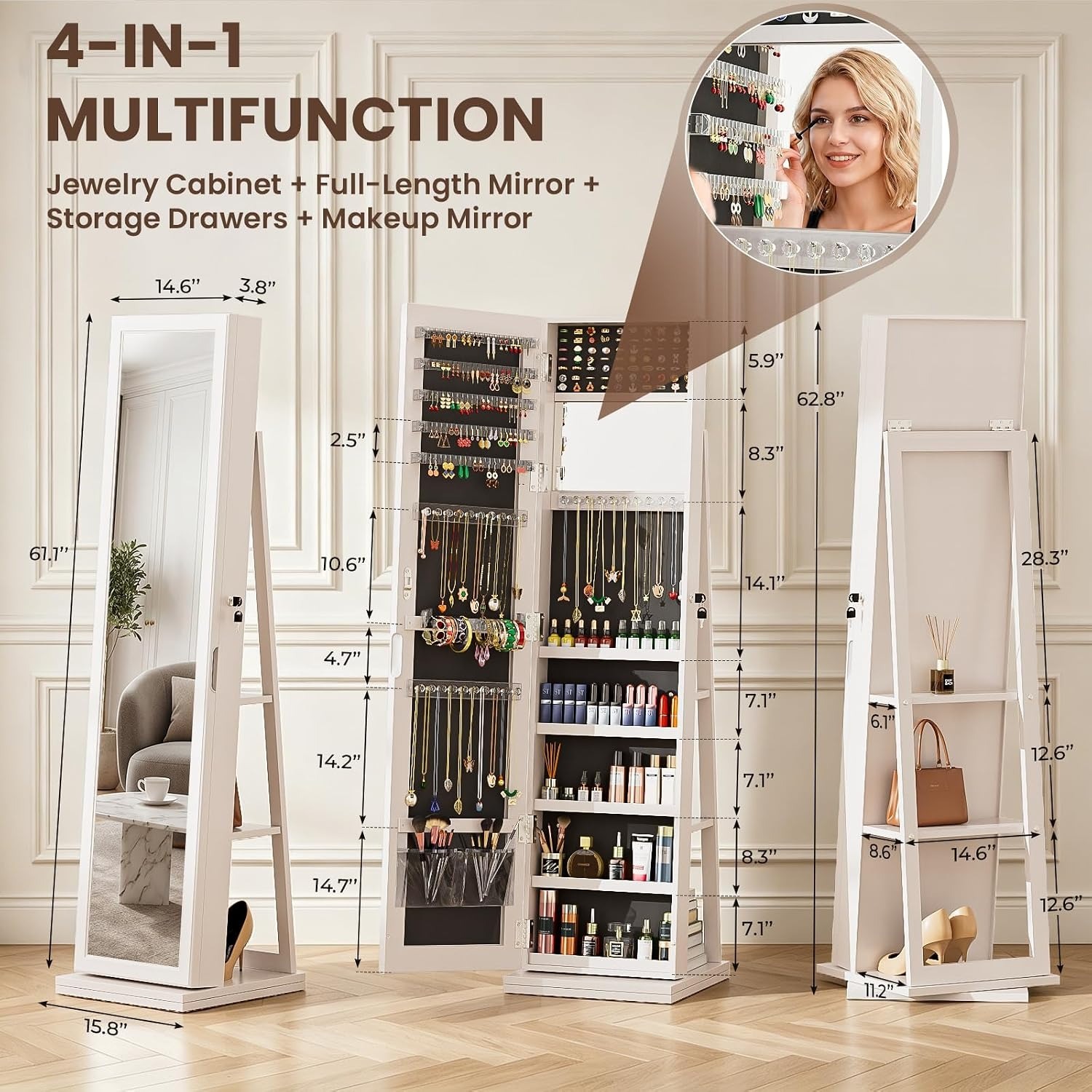 4-In-1 Jewelry Cabinet Jewelry - Full Length Mirror Jewelry Armoire 评论和价格